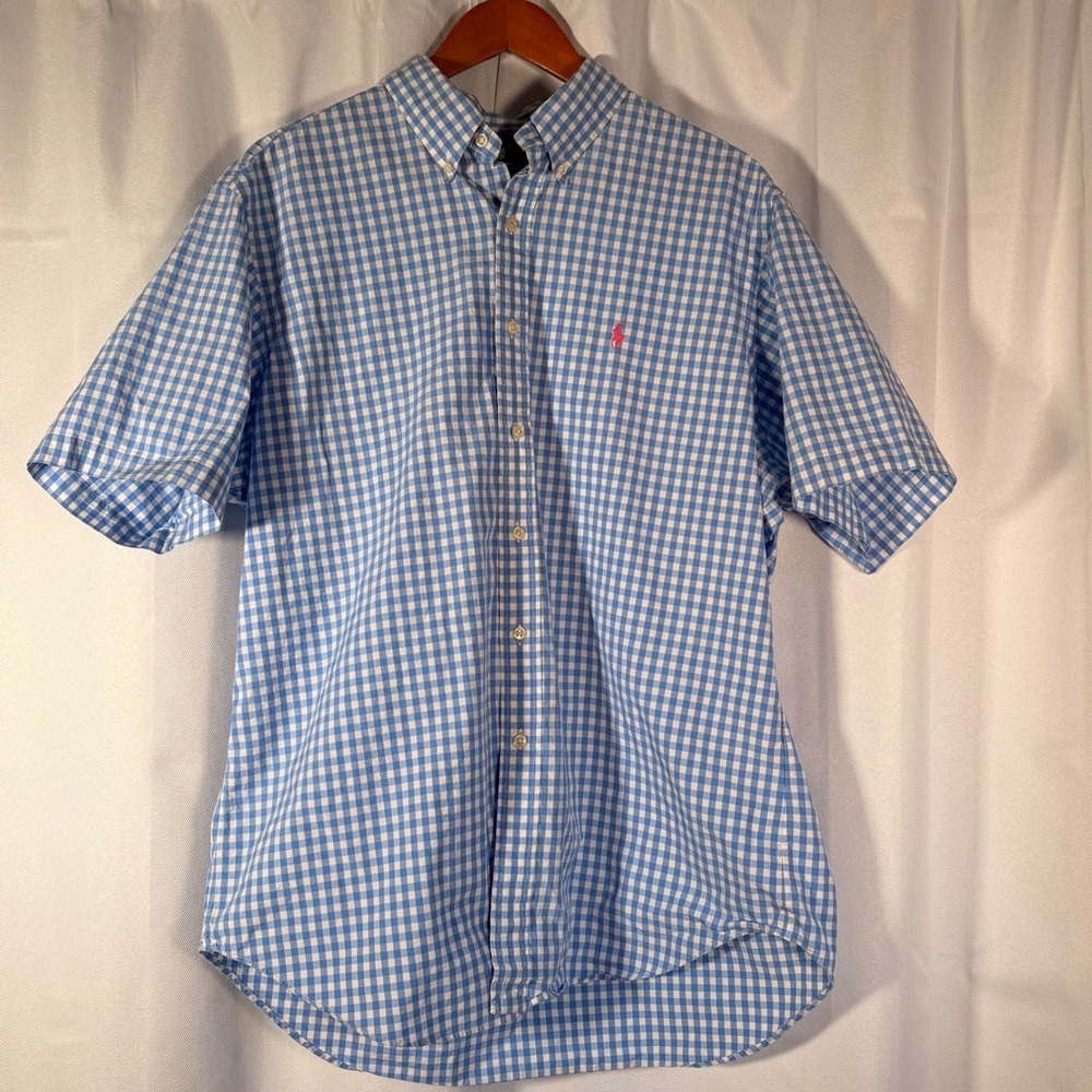 Vintage Y2K Ralph Lauren XL Blue Gingham Shirt Classic Fit Short Sleeve Preppy